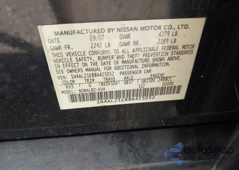 2008 Nissan Altima 2.5 S from USA, damaged, VIN 1N4AL21E88N425052